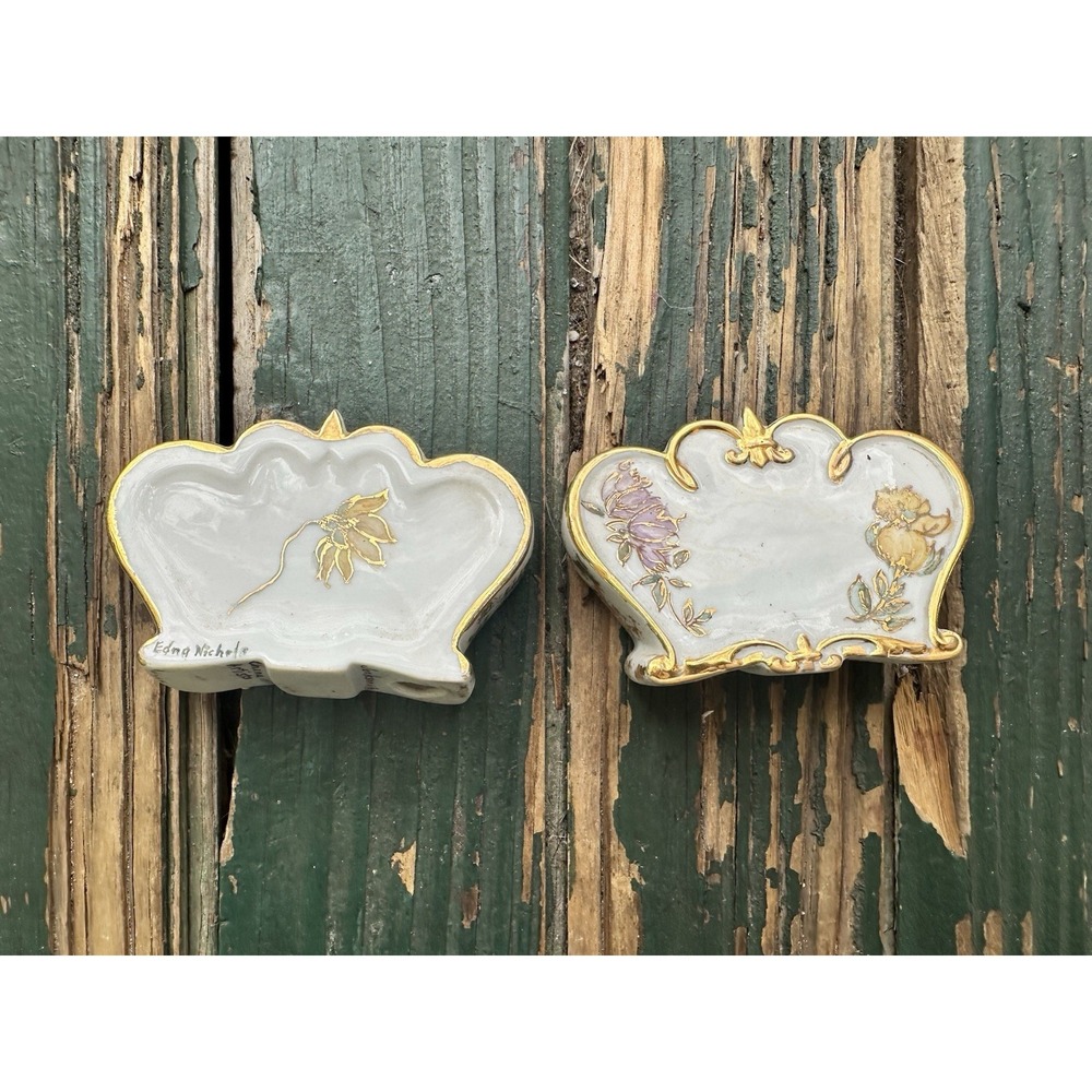 Bookends Hand Painted Floral Gold Ceramic 1977 Jacksonville Edna Nichols Vtg